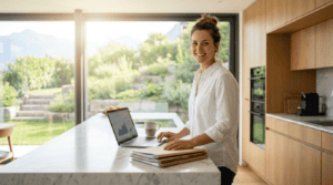 Frau mit Checkliste und Dokumenten für eine Hypothek in der Schweiz an modernem Küchentisch
