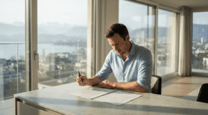 Mann vergleicht Saron-Hypothek und Festhypothek an seinem Schreibtisch mit Blick auf Schweizer See